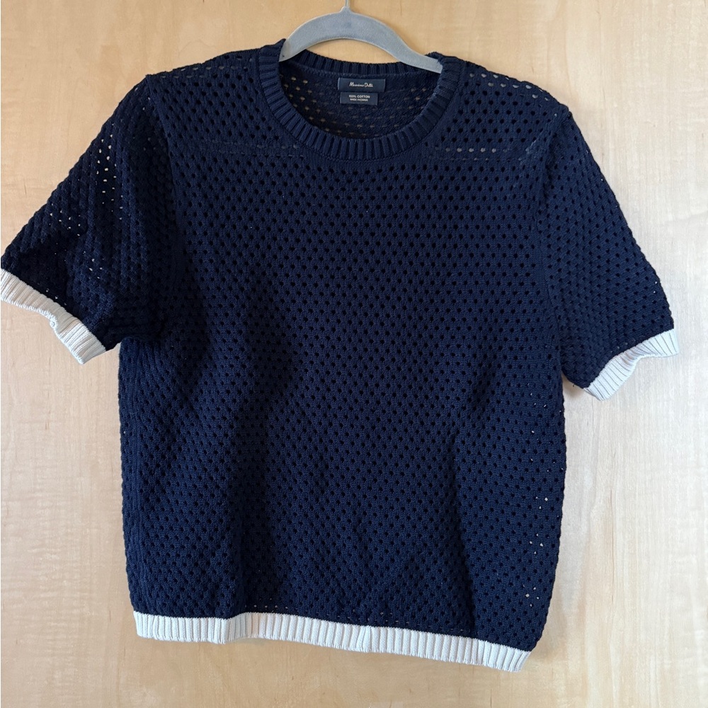 Massimo Dutti Navy & Cream Crocheted Shirt Size Large